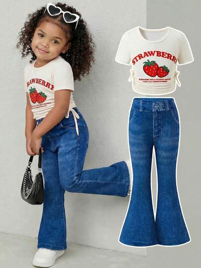 SHEIN 2pcs/Set Young Girl Knit Crew Neck Pleated Casual T-Shirt And Flare Pants Set Easter Strawberry Girls Clothes Summer Clothes Sets Girls  Flare Jeans With Unique Pattern Stylish Blue Bell Bottoms For Kids