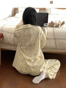 DAZY Teen Girl Cute Cartoon Rabbit All-Over Print Drop Shoulder Loose Long Sleeve Shirt And Pants Pajama Set, Suitable For Spring And Autumn - Yellow - View 7