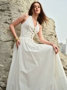 MOTF PREMIUM WOMEN'S V-NECK WAIST GATHERED SWING DRESS, SPRING/SUMMER - White - View 4