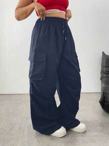 SHEIN Tall CURVE Quần cargo nữ cỡ lớn, màu trơn, cạp chun, kiểu dáng thường ngày, đa năng. - Màu xanh hải quân - Xem 4