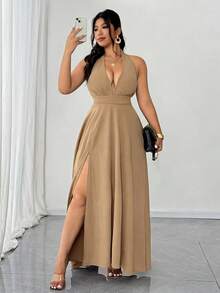 SHEIN Elenzya Đầm yếm gợi cảm màu trơn cổ chữ V sâu dành cho nữ cỡ lớn - Màu Khaki - Xem 2