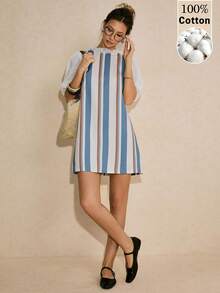 Poéselle 女士休闲条纹梭织面料束腰迷你连衣裙，半袖圆领，蓝白相间 - 藍白色 - 查看 1