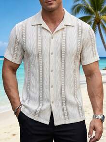 VENTUSAIL 男士波西米亚风单排扣纹理短袖衬衫 - 米色 - 查看 3