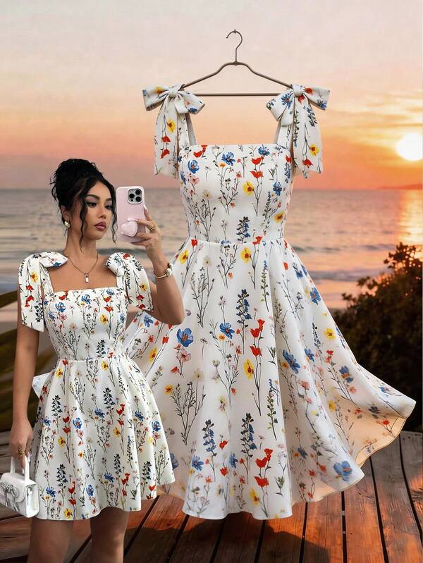 Selianne Women's Elegant Printed Halter High Waist A-Line Mini Dress, Versatile For Vacation, Commute And Daily Wear, Summer