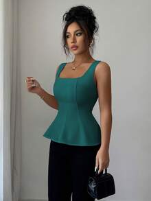 Elenzga 女士优雅方领无袖开衩上衣，适合办公室、通勤、下午茶、派对、度假、休闲穿着 - 墨綠色 - 查看 4