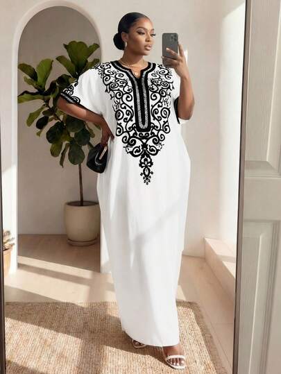 SHEIN Lady CURVE 秋冬优雅工作办公室黑白花卉印花斜口袋加大码连衣裙端庄连衣裙