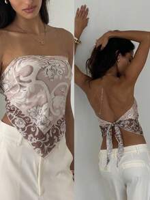 Aloruh Áo croptop in họa tiết khăn choàng mùa xuân/hè dành cho nữ, kiểu áo quây ống phong cách Bohemian với dây đeo thắt nơ, thích hợp cho các lễ hội âm nhạc. - Nhiều màu - Xem 1