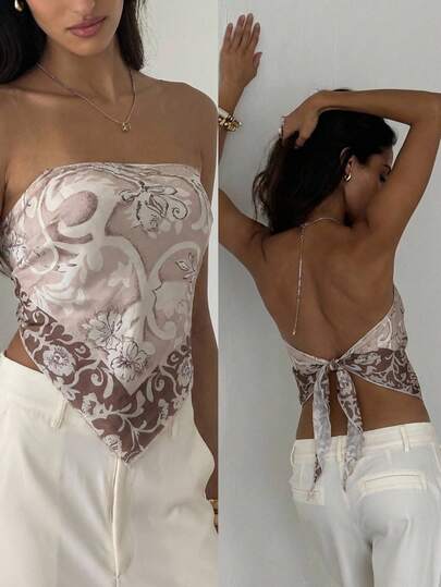 Aloruh 女士春夏度假围巾印花露脐上衣，波西米亚风抹胸上衣，蝴蝶结肩带，适合音乐节穿着