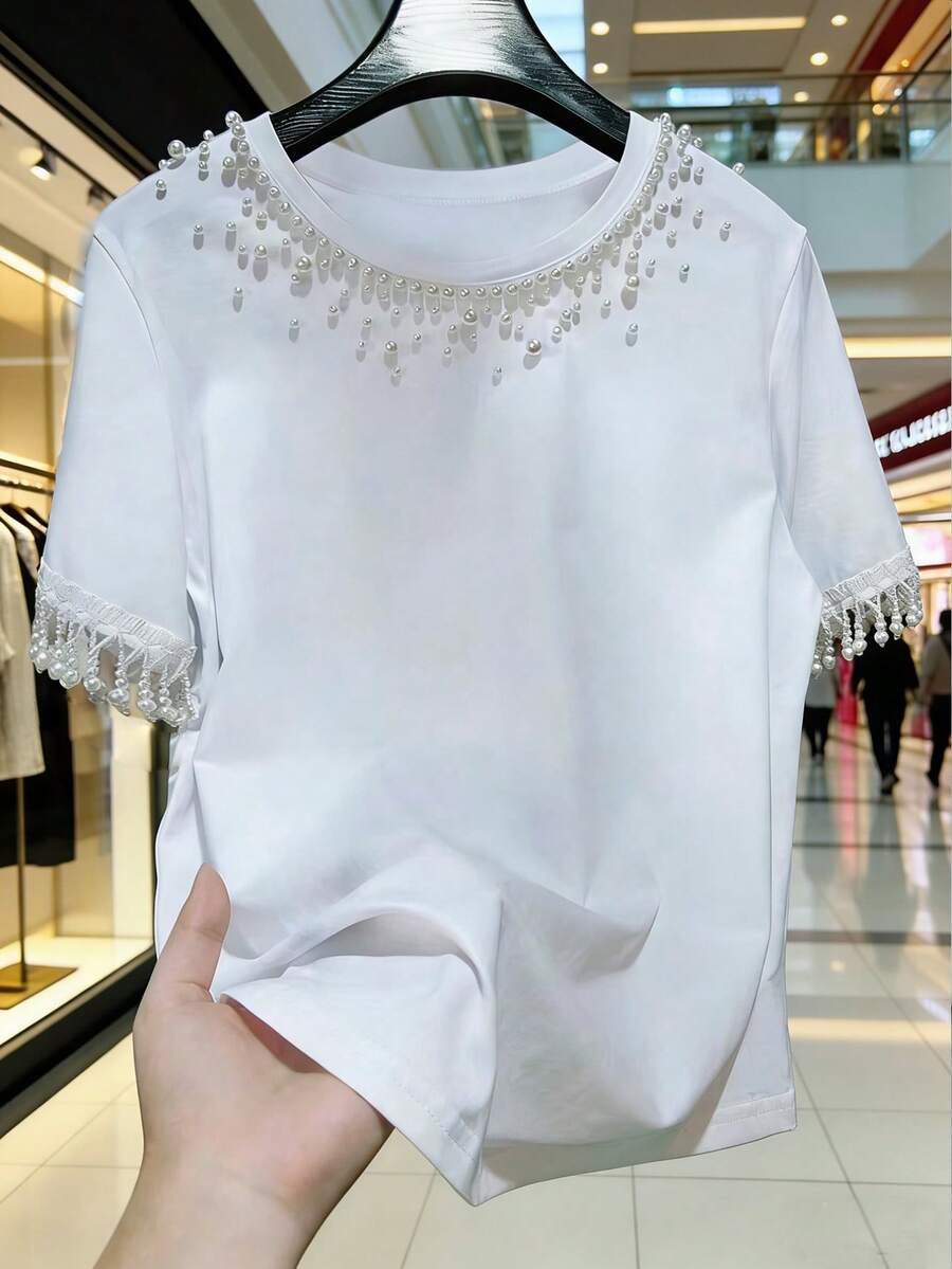 Franclia 女士加大码圆领仿珍珠装饰休闲百搭日常短袖T恤 - 白色 - 查看 1