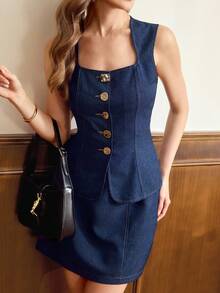 Vintamour 复古优雅女士两件套，金属纽扣方领吊带背心搭配修身迷你裙，休闲工作度假套装，适合女士休闲优雅的夏季穿搭，春季女装，春季女装，复活节工作装，办公室女装，职业装，办公室女装，度假套装，夏季度假套装 - 藍色 - 查看 7