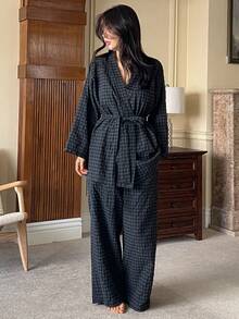 DAZY 3pcs Plaid Robe, Camisole & Pants Women Sleepwear Set - Navy Blue - View 6