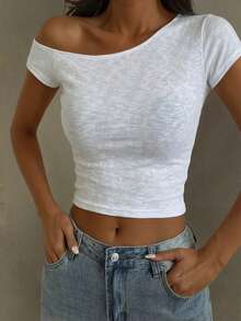 DAZY Solid Asymmetrical Neck Crop Tee,Back To School Clothes Preppy Tops - White - View 4