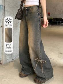 FRIFUL 女士系带口袋阔腿宽松休闲百搭牛仔裤 - 藍色 - 查看 1