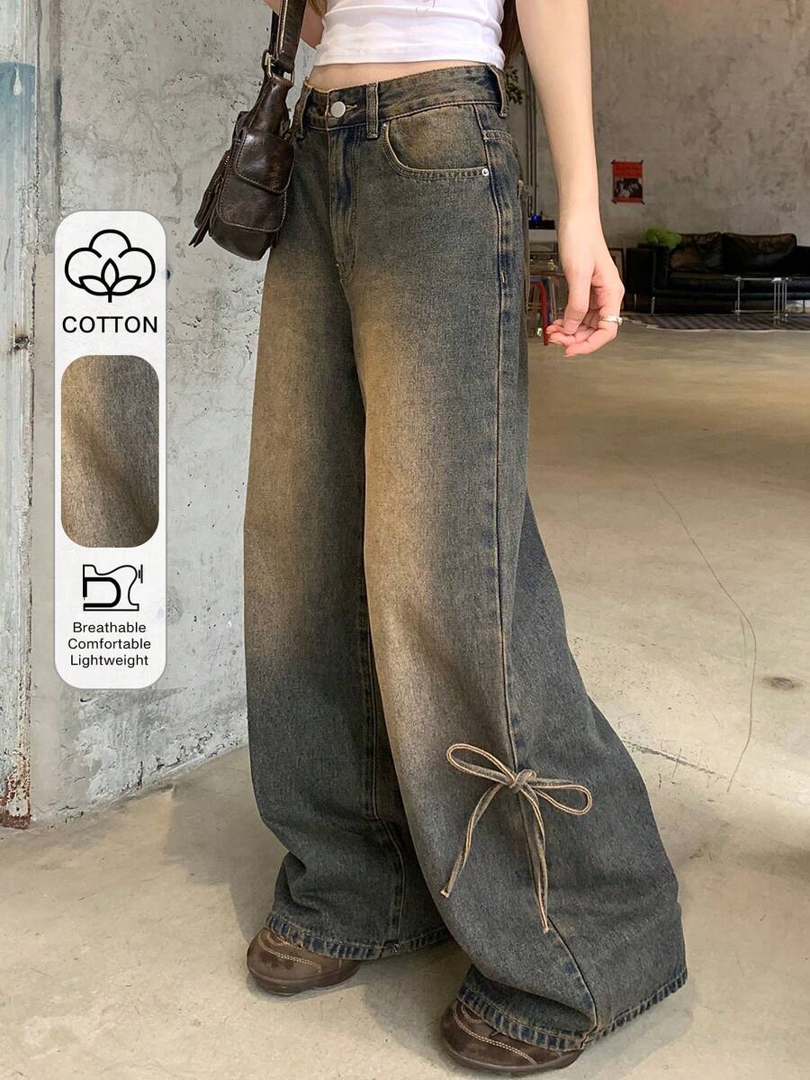 FRIFUL 女士系带口袋阔腿宽松休闲百搭牛仔裤 - 藍色 - 查看 1