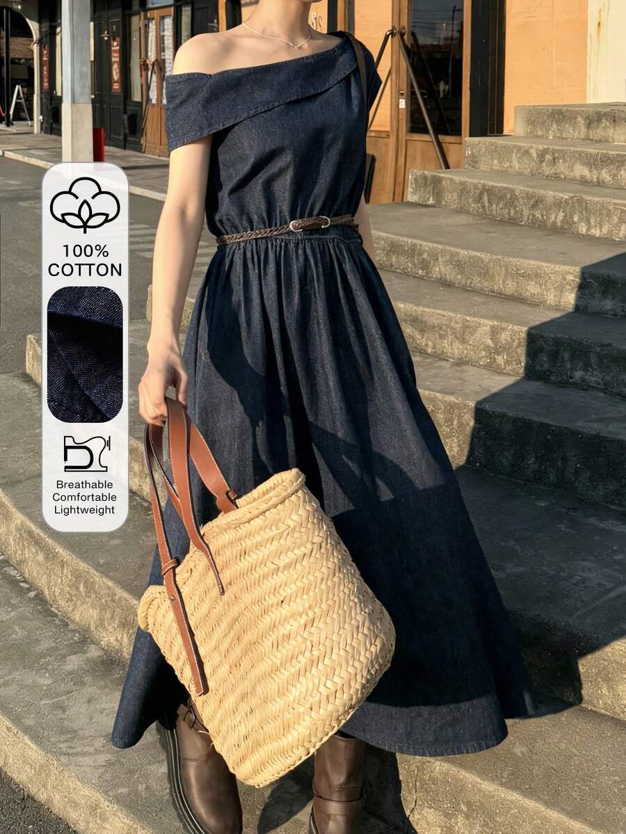 FRIFUL Women's Vacation Asymmetrical Shoulder Ruched Denim Dress - Blue - View 1