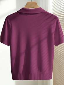 Franclia Women's Simple Solid Color Turndown Collar Short Sleeve Casual Fitted Knit Top, Versatile For Spring/Summer - Red Violet - View 2