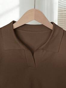 Franclia Women's Spring/Summer White Simple Casual Turndown Collar Raglan Short Sleeve Solid Color Fitted Knit Top - Brown - View 3