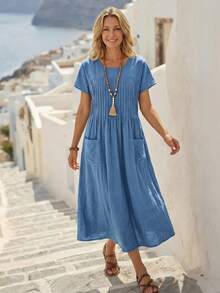 EMERY ROSE 實心口袋拼接褶皺細節工作服裝 - 藍色 - 查看 3