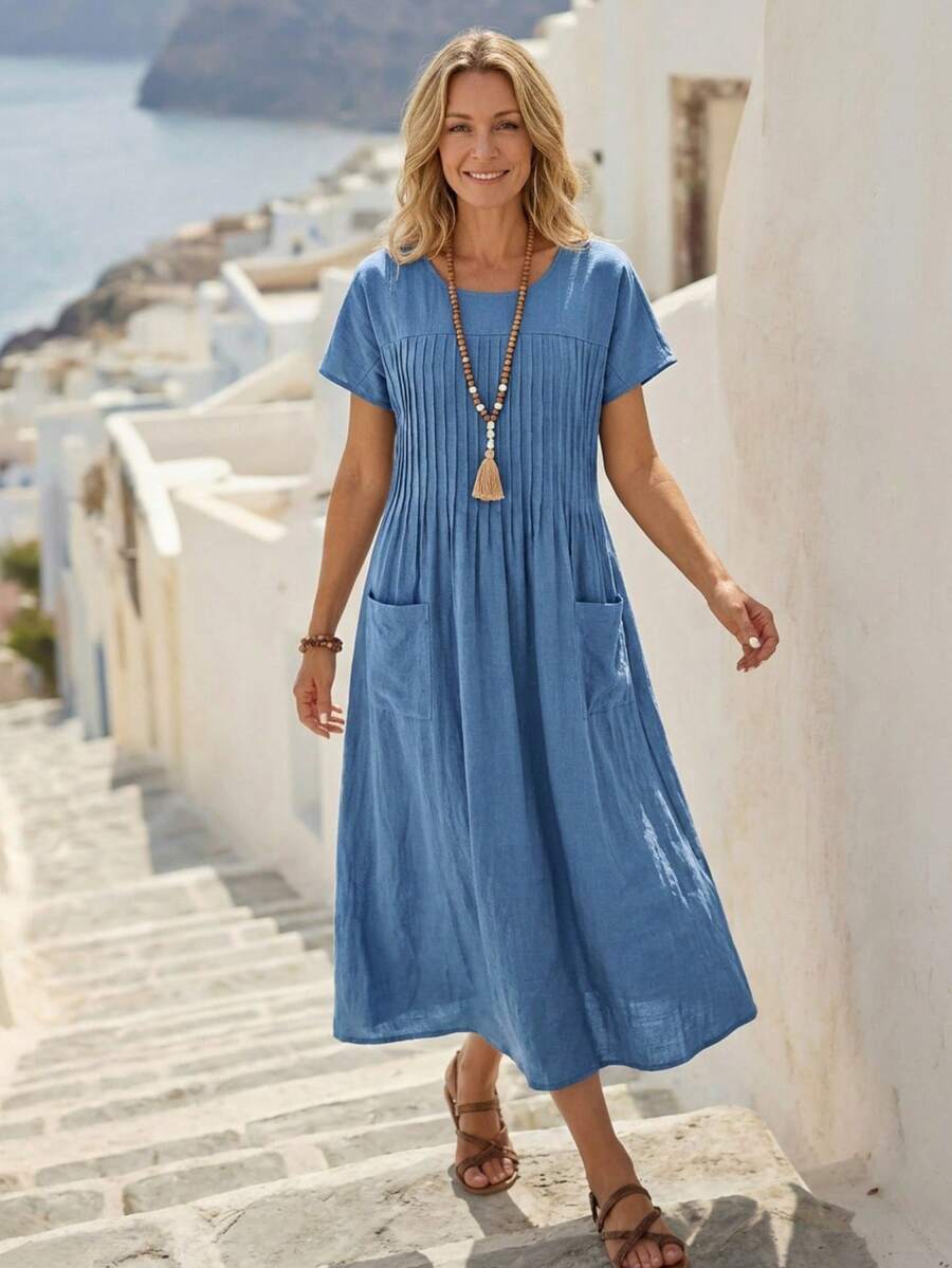 EMERY ROSE Solid Pocket Patched Pleated Detail Smock Dress Teacher Clothes,Summer Dresses
Spring Clothes - Blue - View 1