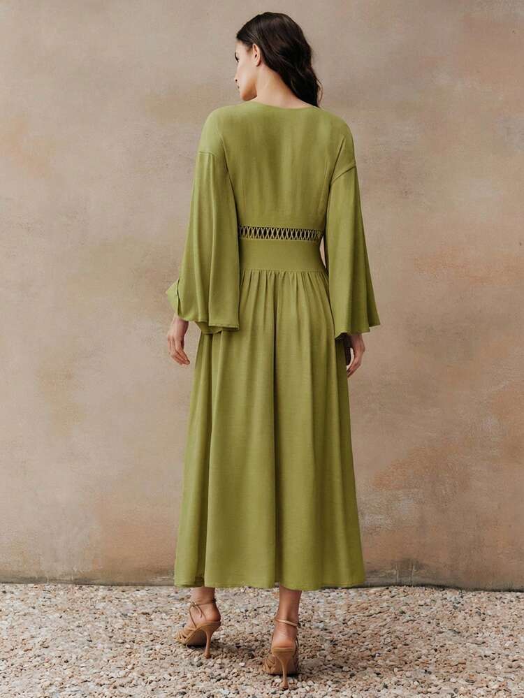 Women's Linen Fabric Pleated Hollow Floral Splice A-Line Dress, Spring/Summer