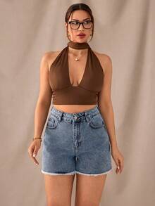 SHEIN Women High Waist Mid-Washed Frayed Hem Casual Denim Short - Medium Wash - View 5