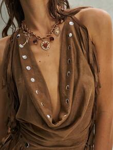 Bohemela 女士休闲纯色编织露背吊带背心 - 棕色 - 查看 4