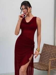 Firerie 女士休闲优雅性感酒红色荷叶边连衣裙，适合情人节、约会之夜、派对等场合，3D立体花卉长裙，性感优雅礼服 - 酒紅色 - 查看 8