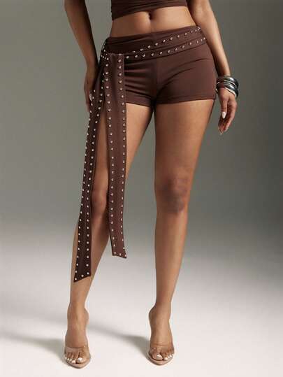 Denimoi Shorts cortos sexy con cintura anudada y tachuelas, shorts mini micro para conciertos y vacaciones