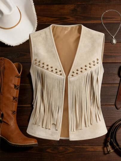 Qadelle Chaqueta casual de mujer con flecos de gamuza y tachuelas en estilo bohemio, versátil para vacaciones, uso diario, viajes, moda, estilo francés, color beige, adecuada para principios de primavera/primavera-verano