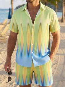 VIVINTIMO 男士几何渐变印花衬衫套装，适合休闲外出、约会、海岛度假，尽享快乐 - 彩色 - 查看 2