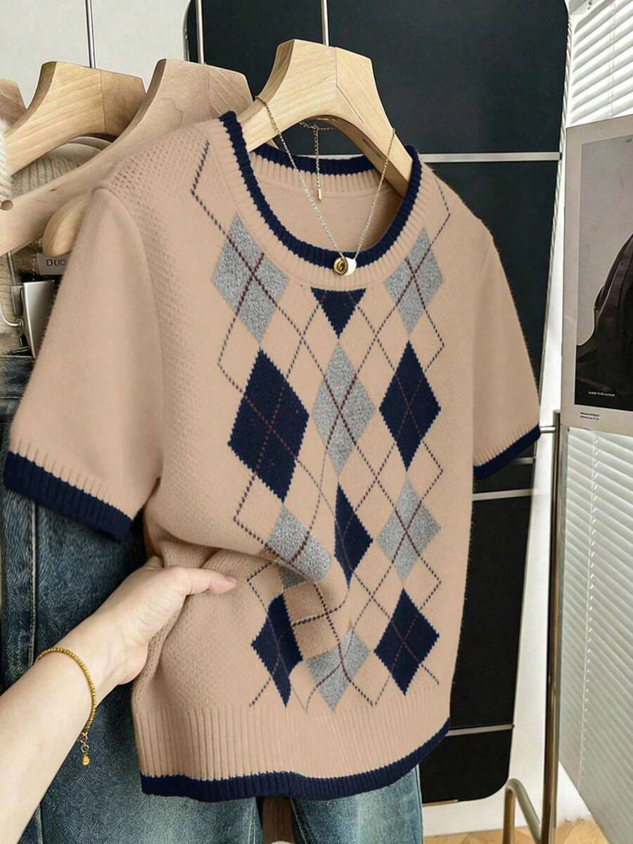 SHEIN Franclia 新款休闲宽松通勤简约设计女式针织上衣，春秋季 - 摩卡棕 - 查看 1