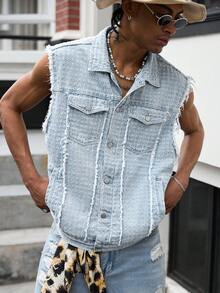 GALLERY FADE Men's Casual Street Style Distressed Denim Vest - Light Wash - View 4