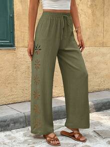 SHEIN Frenchy Quần ống đứng dáng suông màu trơn khoét lỗ dành cho nữ, thích hợp cho kỳ nghỉ. - xanh quân đội - Xem 3