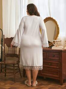 Côtesoire Elegant White Night Wear,Autumn Embroidered Mesh Floral Trim Open Sleeve Maxi Nightgown, Bridal Plus Size Long Sleeve Gown For Women,Curve - White - View 2