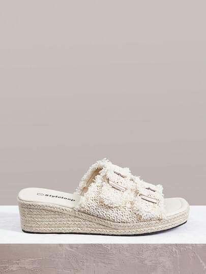 Styleloop Women Shoes Double Buckle Grass Woven Belt Design Open-Toed Square Toe Slope Heel Bohemian Straw Shoes, Not Tired Feet Straw Thick-Soled Apricot Women's Cool Slippers Are Suitable For Seaside Vacation. Travel Holiday Travel Essential Boho Cowgirl Outfit Coachella