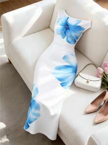 Lyxana Vestido de verano de moda para mujer, vestido ajustado con hombros descubiertos y estampado floral azul francés - Multicolor - Ver 1