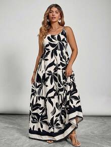 SHEIN VCAY Plus Size Women Floral Print Ruched Casual Party Slip Dress - Black - View 4