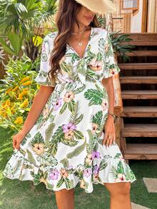 SHEIN Maternity Vacation Casual Tropical Print Ruffle Hem Dress - Multicolor - View 5