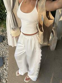SHEIN EZwear 女士休闲阔腿裤，纯白色 - 白色 - 查看 5