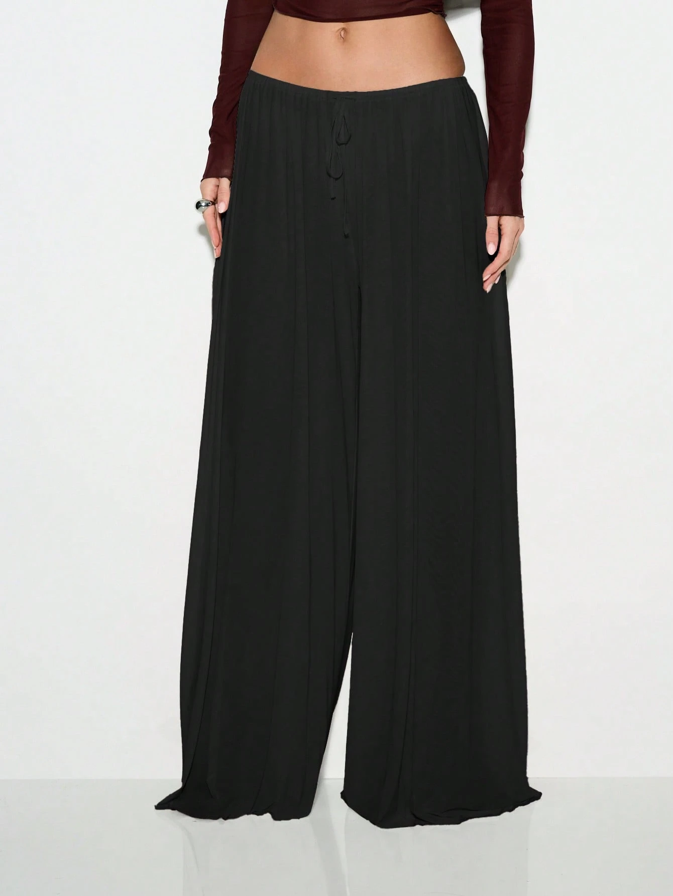 KIZN Calça Palazzo de perna larga, cintura alta e malha fluida
