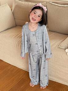 DAZY Young Girl Butterfly Print Button-Up Long Sleeve Top And Wide Leg Pants Pajama Set - Grey - View 1