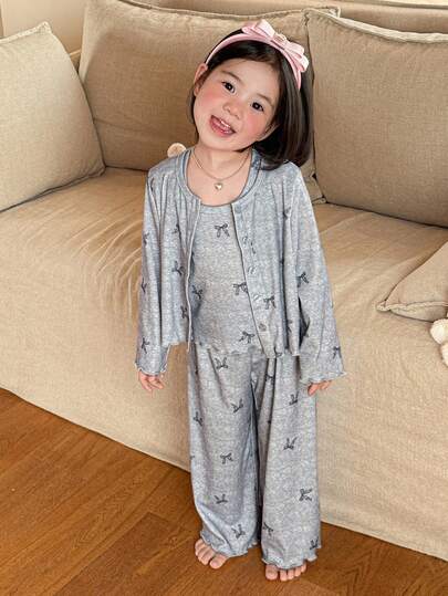 DAZY Young Girl Butterfly Print Button-Up Long Sleeve Top And Wide Leg Pants Pajama Set