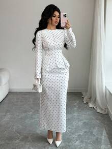 SHEIN PETITE Women's Elegant Pearl Button Blouse + Split Hem Skirt 2 Pieces Set - White - View 5