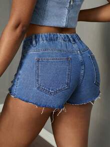 SHEIN Slayr 大码女式口袋纽扣做旧休闲百搭日常牛仔短裤 - 藍色 - 查看 4