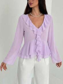 Aloruh Áo nữ kiểu dáng tối giản, thời trang thường ngày, phong cách Bohemian, cổ chữ V sâu, tay dài xòe, trang trí bèo nhún, thích hợp mặc đi làm. - Màu Lilac Tím - Xem 5