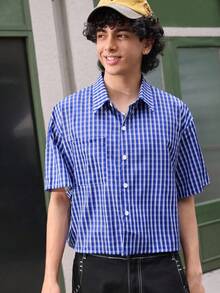 Open Phase 男士前扣格子休闲短袖衬衫，日常穿着 - 藍色 - 查看 5