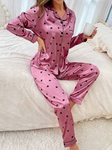 Conjunto de pijama de satén con estampado de corazón y ribete de contraste, prendas de otoño cómodas y elegantes, invierno - Rosa - Ver 4