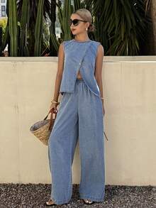 DAZY 女士休闲开衩腰带吊带背心和阔腿牛仔裤两件套，春夏款 - 中等水洗藍 - 查看 5