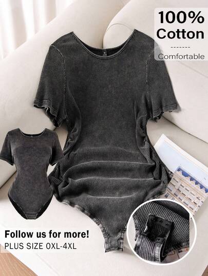 CosyJoli Plus Size Women's Bodysuit, Casual Women's Clothing Distressed Denim Bodysuit With Short Sleeves, Street Casual Women's Clothing