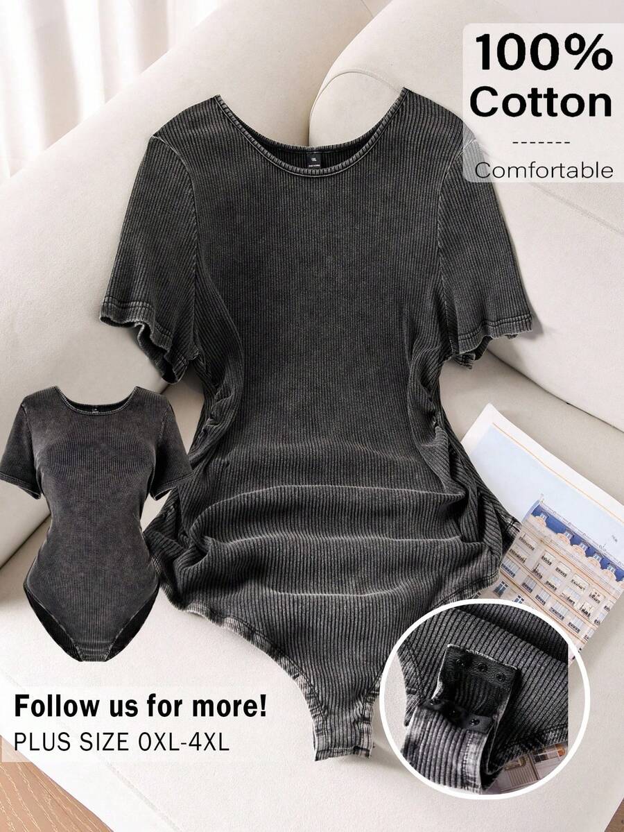 CosyJoli 大码女式连体衣，休闲女装做旧牛仔短袖连体衣，街头休闲女装 - 黑色 - 查看 1